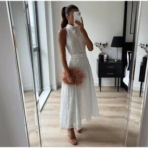 Women White Eyelet Lace Cotton Sleeveless Mock Neck Belted A Line Midi Dress, S